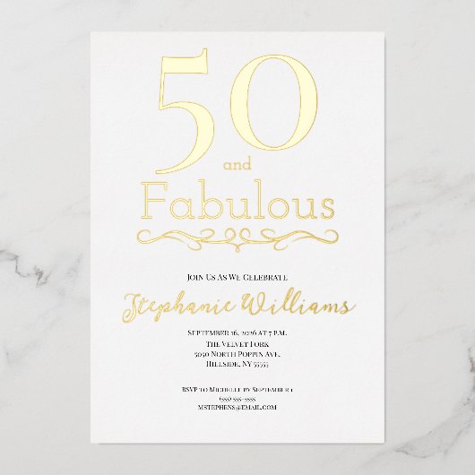 Gold Foil 50 and Fabulous 50th Birthday Party 箔招待状 (正面)