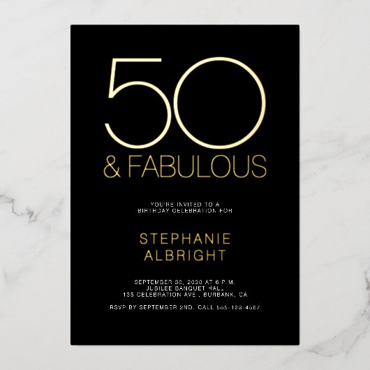 Gold Foil 50 and Fabulous 50th Birthday Party 箔招待状 (正面)
