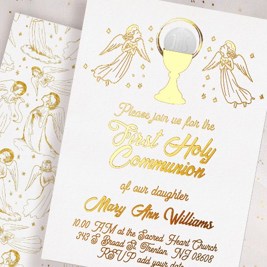  gold foil angels catholic Host First Communion 箔招待状