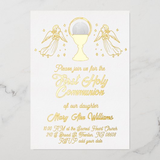  gold foil angels catholic Host First Communion 箔招待状 (正面)