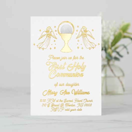  gold foil angels catholic Host First Communion 箔招待状 (立ち正面)