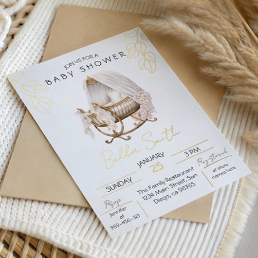 Gold Foil Baby Shower Elegant Script Cradle 箔招待状