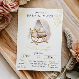 Gold Foil Baby Shower Elegant Script Cradle 箔招待状
