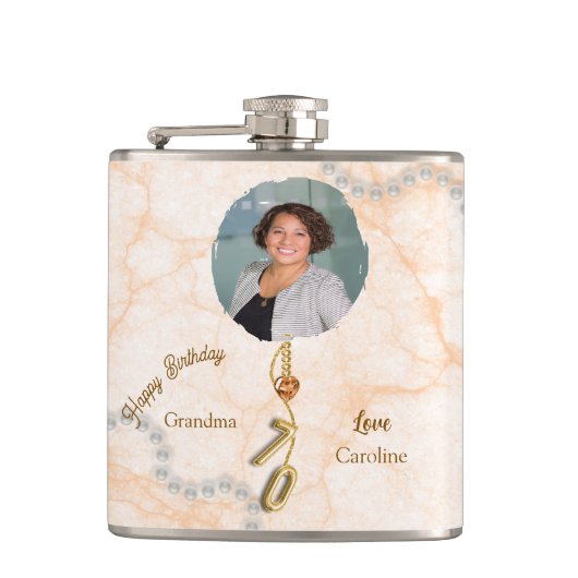 Gold Foil Balloon & Floral 70th Birthday & Photo フラスク (正面)