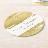 Gold foil brush stroke elegant modern wedding ラウンドペーパーコースター (アングル)