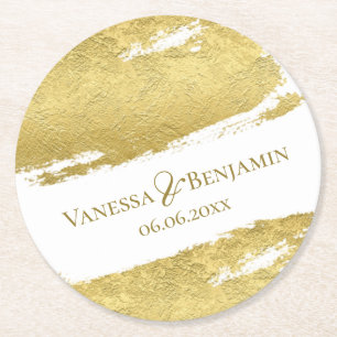 Gold foil brush stroke elegant modern wedding ラウンドペーパーコースター