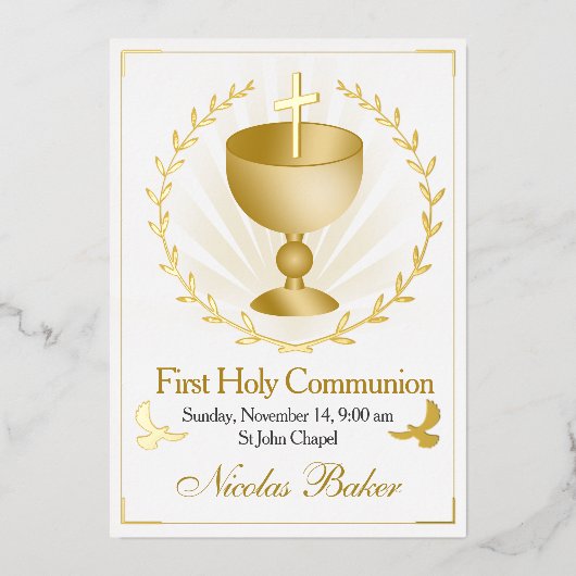 Gold Foil Chalice First Holy Communion Invitation 箔招待状 (正面)
