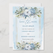 Gold Foil Dusty Blue White Floral Save The Date 招待状 (正面)