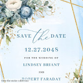 Gold Foil Dusty Blue White Floral Save The Date 招待状