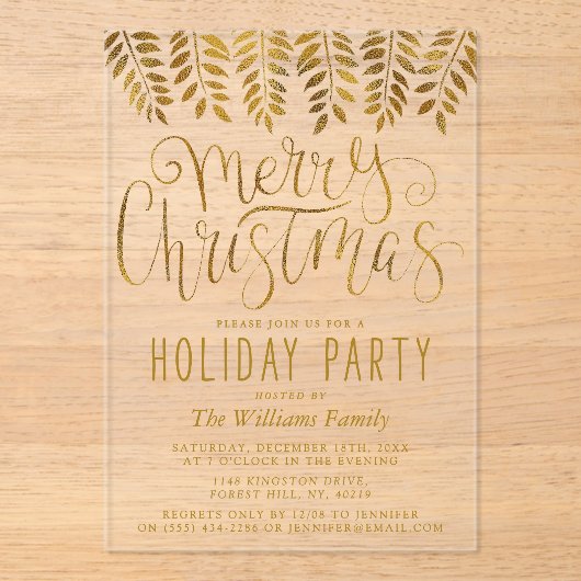 Gold Foil Effect Typography Merry Christmas Party アクリル招待状 (正面)