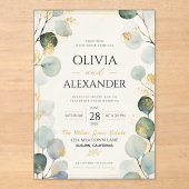 Gold Foil Eucalyptus Elegant Botanical Leaves アクリル招待状 (正面)
