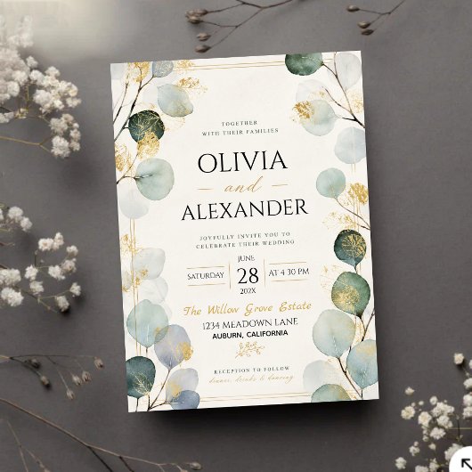 Gold Foil Eucalyptus Elegant Botanical Leaves アクリル招待状
