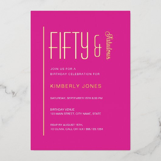 Gold Foil Fifty and Fabulous 50th Birthday Party 箔招待状 (正面)