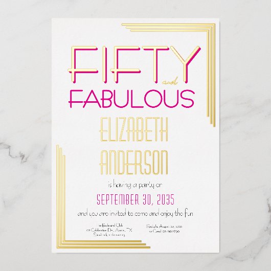 Gold Foil Fifty and Fabulous 50th Birthday Party 箔招待状 (正面)