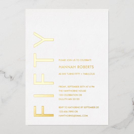 Gold Foil Fifty and Fabulous 50th Birthday Party 箔招待状 (正面)