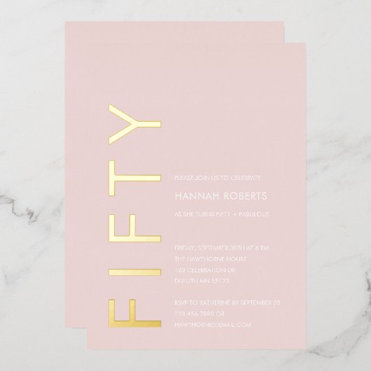 Gold Foil Fifty and Fabulous 50th Birthday Party 箔招待状 (正面/裏面)