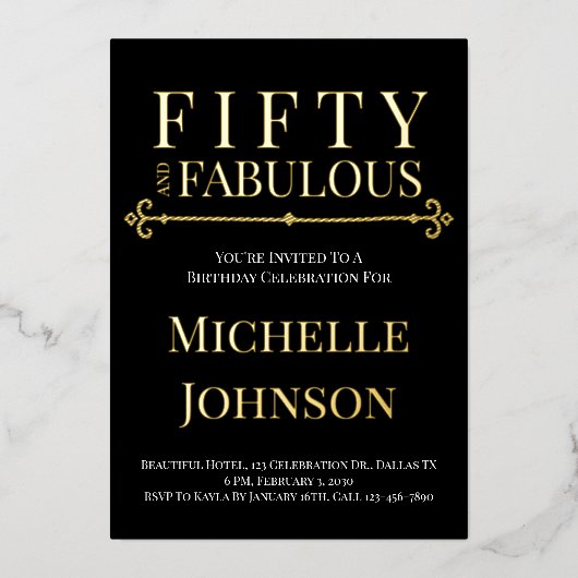 Gold Foil Fifty and Fabulous 50th Birthday Party 箔招待状 (正面)