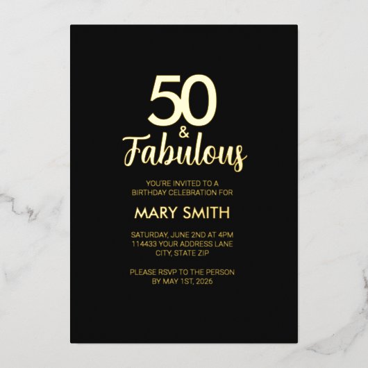 Gold Foil Fifty and Fabulous 50th Birthday Party 箔招待状 (正面)