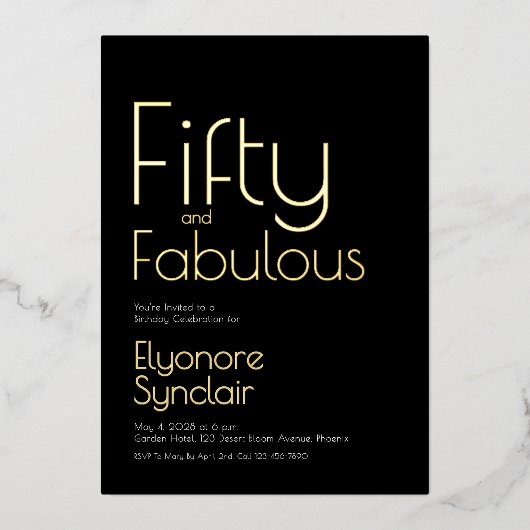 Gold Foil Fifty and Fabulous 50th Birthday Party 箔招待状 (正面)