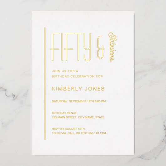 Gold Foil Fifty and Fabulous 50th Birthday Party 箔招待状 (正面)