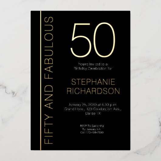 Gold Foil Fifty and Fabulous 50th Birthday Party 箔招待状 (正面)
