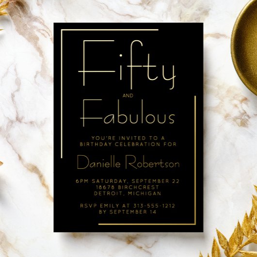 Gold Foil Fifty and Fabulous 50th Birthday Party 箔招待状