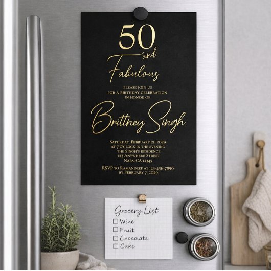 Gold Foil Fifty and Fabulous 50th Birthday Party 箔招待状
