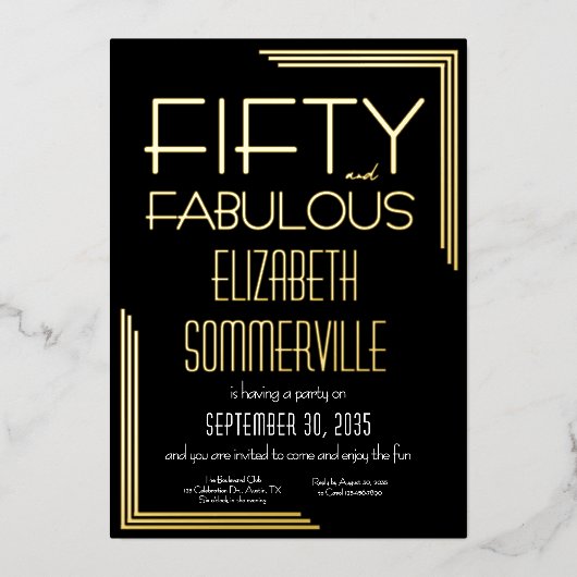 Gold Foil Fifty and Fabulous 50th Birthday Party 箔招待状 (正面)