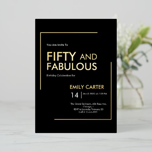Gold Foil Fifty and Fabulous 50th Birthday Party 箔招待状 (立ち正面)