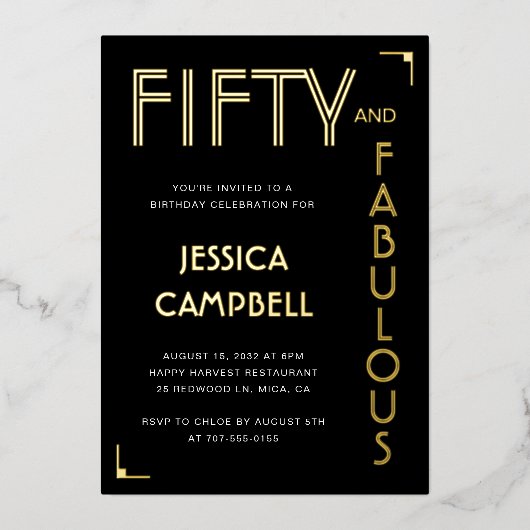 Gold Foil Fifty and Fabulous 50th Birthday Party 箔招待状 (正面)