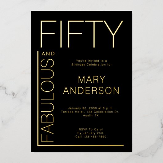 Gold Foil Fifty and Fabulous 50th Birthday Party 箔招待状 (正面)