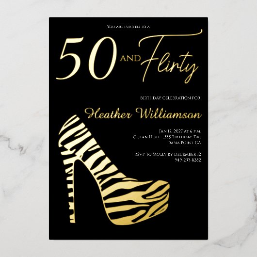 Gold Foil Fifty and Fabulous 50th Birthday Party  箔招待状 (正面)