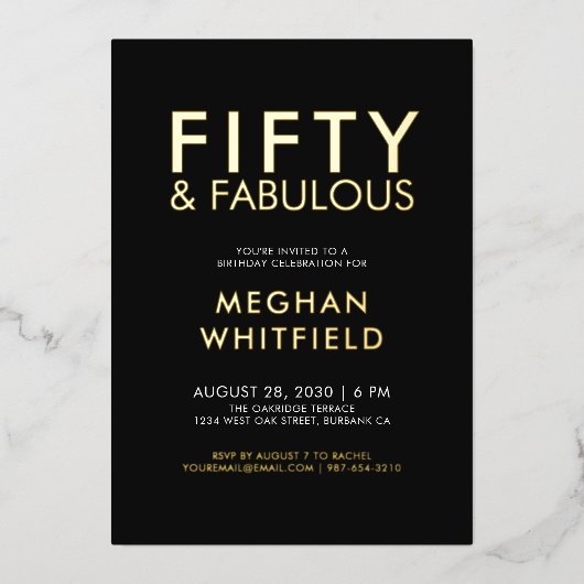 Gold Foil Fifty and Fabulous 50th Birthday Party 箔招待状 (正面)
