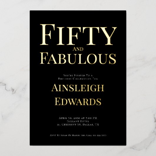 Gold Foil Fifty and Fabulous 50th Birthday Party 箔招待状 (正面)