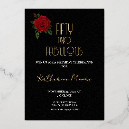 Gold Foil Fifty and Fabulous 50th Birthday Party F 箔招待状 (正面)