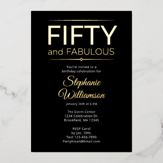 Gold Foil Fifty and Fabulous on Black White Script 箔招待状 (正面)