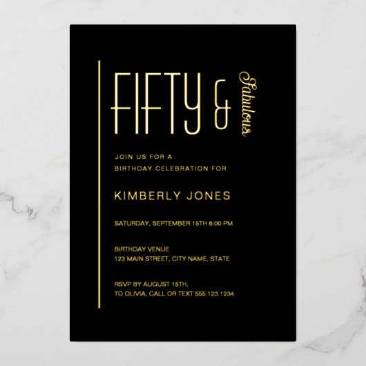 Gold Foil Fifty & Fabulous 50th Birthday Party 箔招待状 (正面)