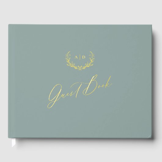 Gold Foil Guest Book Dusty Sage Monogram Wedding ゲストブック (正面)