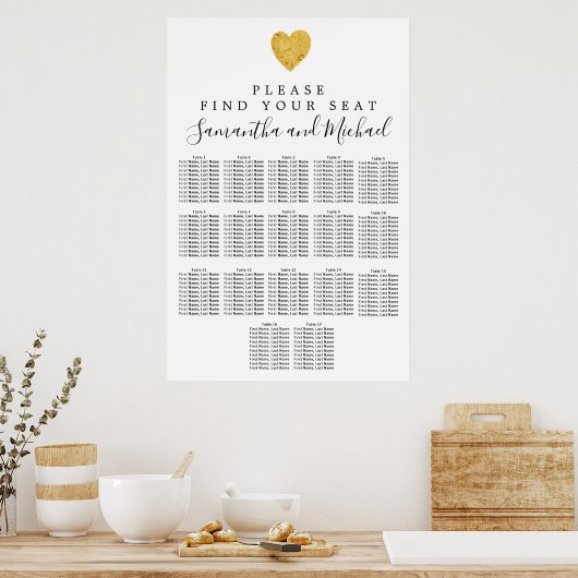 Gold foil Heart 17-Table Wedding Seating Chart ポスター (キッチン)