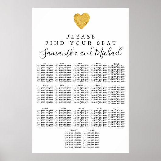 Gold foil Heart 17-Table Wedding Seating Chart ポスター (正面)