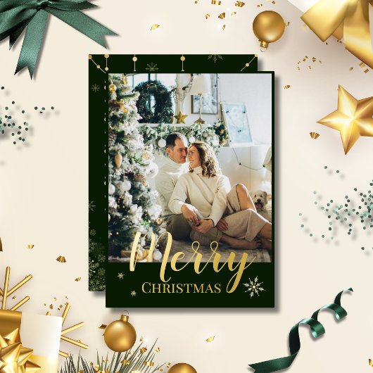 Gold Foil Merry Christmas Script Green Photo 箔シーズンカード