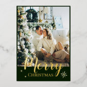 Gold Foil Merry Christmas Script Green Photo 箔シーズンカード (正面)