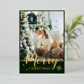 Gold Foil Merry Christmas Script Green Photo 箔シーズンカード (立ち正面)
