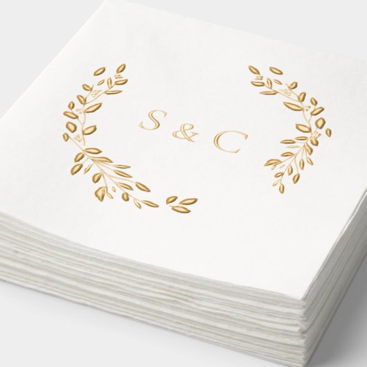 Gold Foil Monogram Wreath Elegant Wedding 箔ナプキン (詳細)
