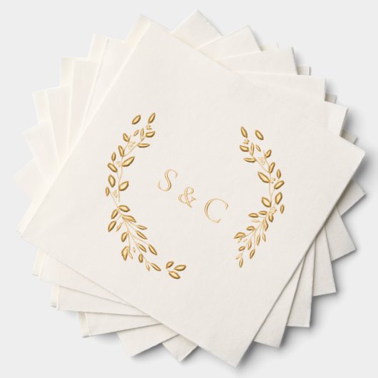 Gold Foil Monogram Wreath Elegant Wedding 箔ナプキン (インサイチュ (積み重ね))