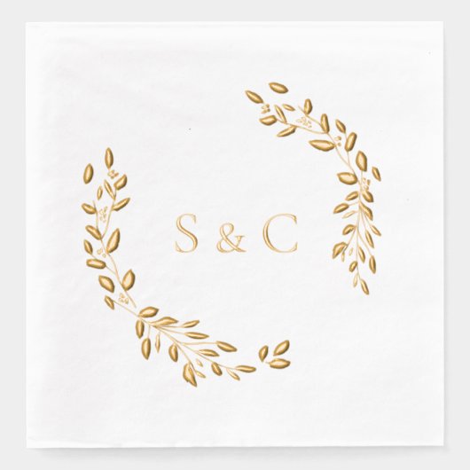 Gold Foil Monogram Wreath Elegant Wedding 箔ナプキン (正面)