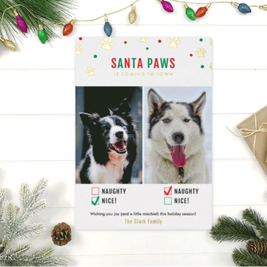 Gold Foil Naughty or Nice Two Dog Photo Card 箔シーズンカード
