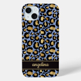 Gold Foil On Blue Leopard Print Monogrammed iPhone 15 Miniケース