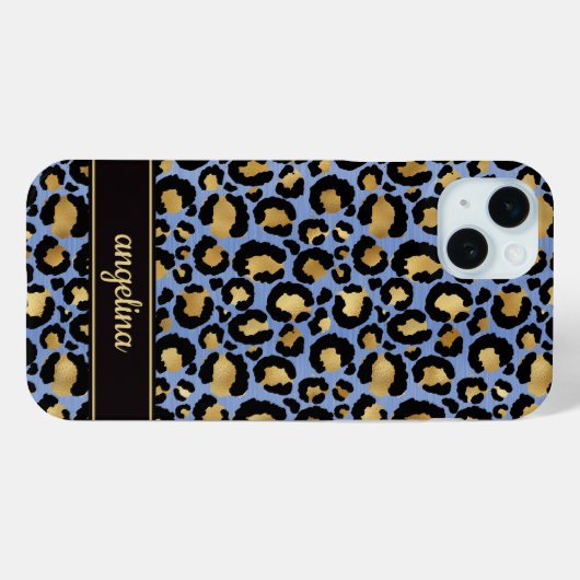 Gold Foil On Blue Leopard Print Monogrammed Case-Mate iPhoneケース (裏面 (横))
