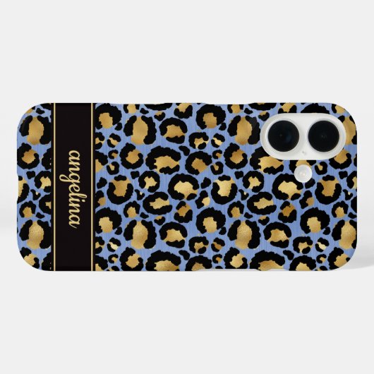 Gold Foil On Blue Leopard Print Monogrammed Case-Mate iPhoneケース (裏面 (横))